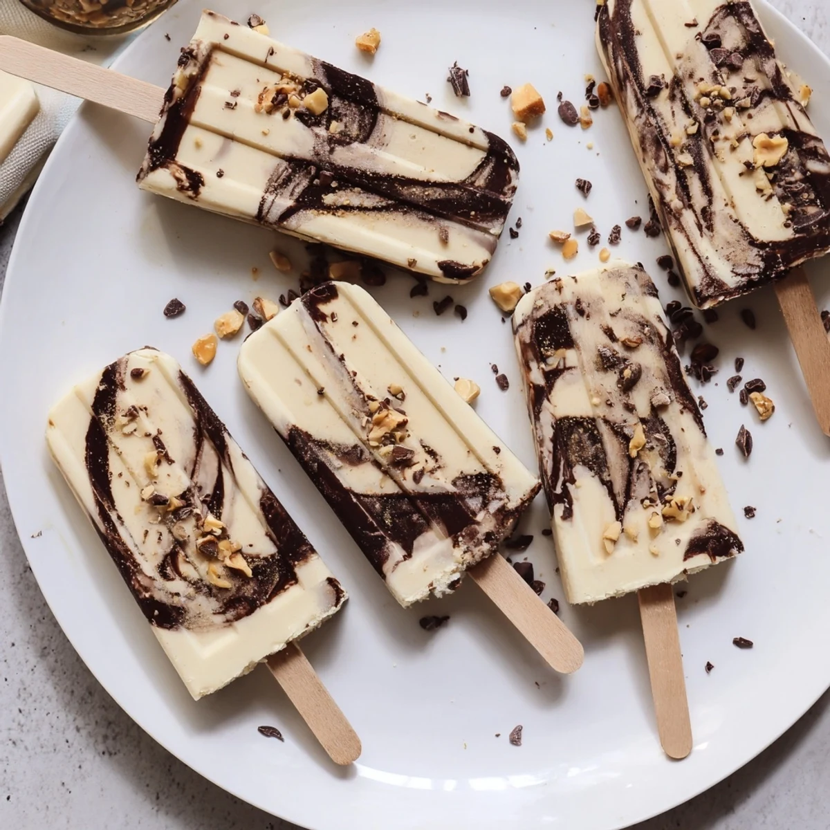 Frozen chocolate banana bliss popsicles showing marbled chocolate layers against creamy yellow banana base