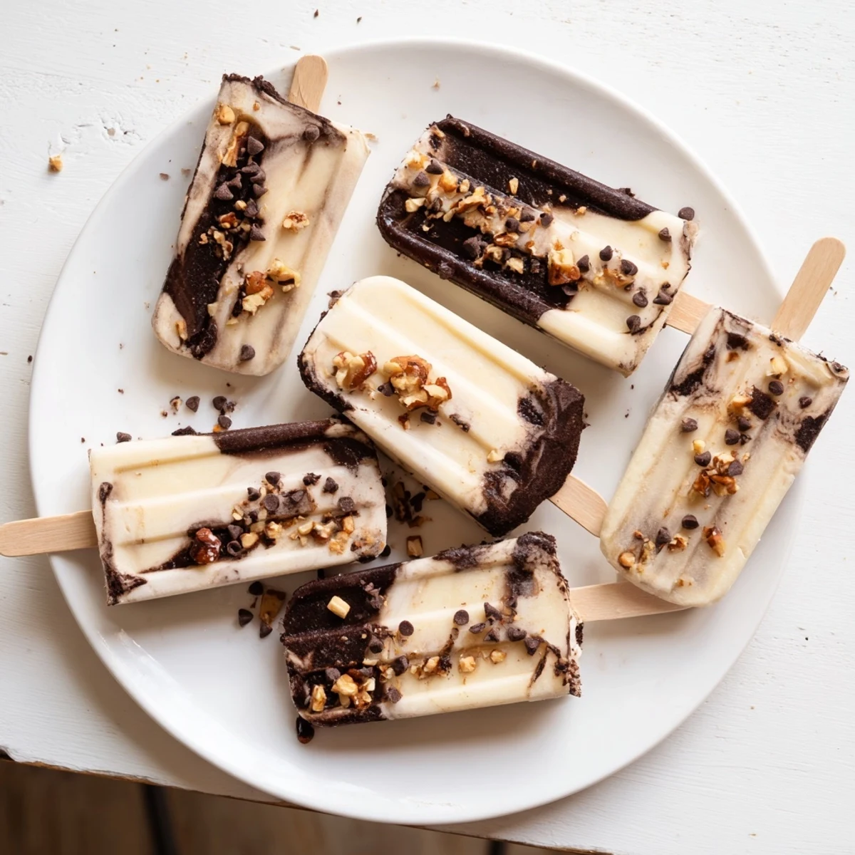 Homemade chocolate banana bliss popsicles garnished with mini chocolate chips ready for summer dessert