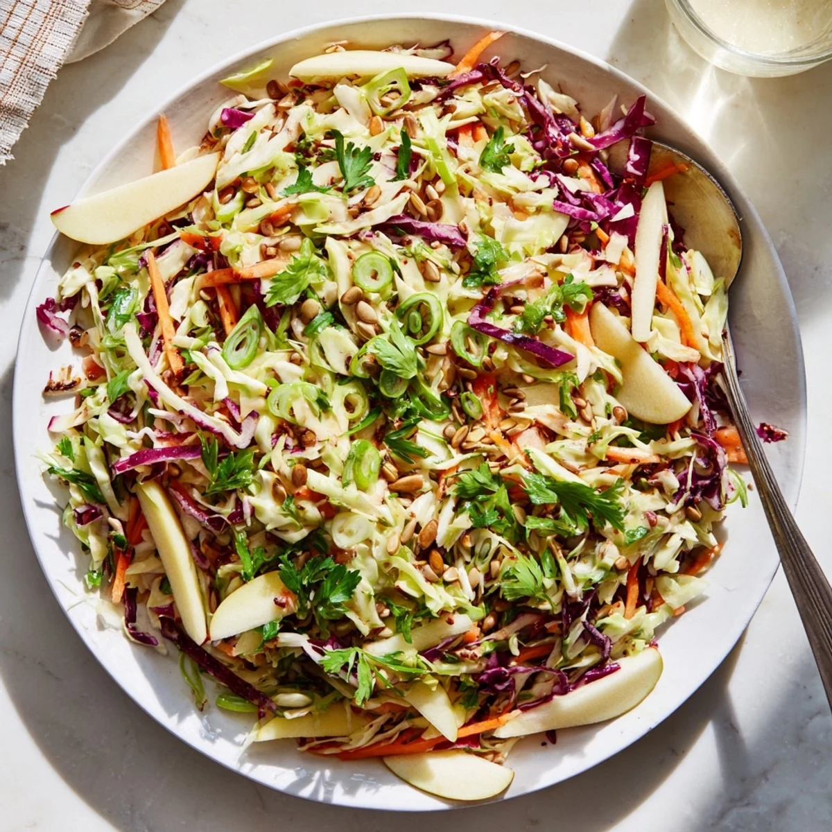 Fresh apple coleslaw with shredded cabbage and crisp apple slices in a creamy dressing