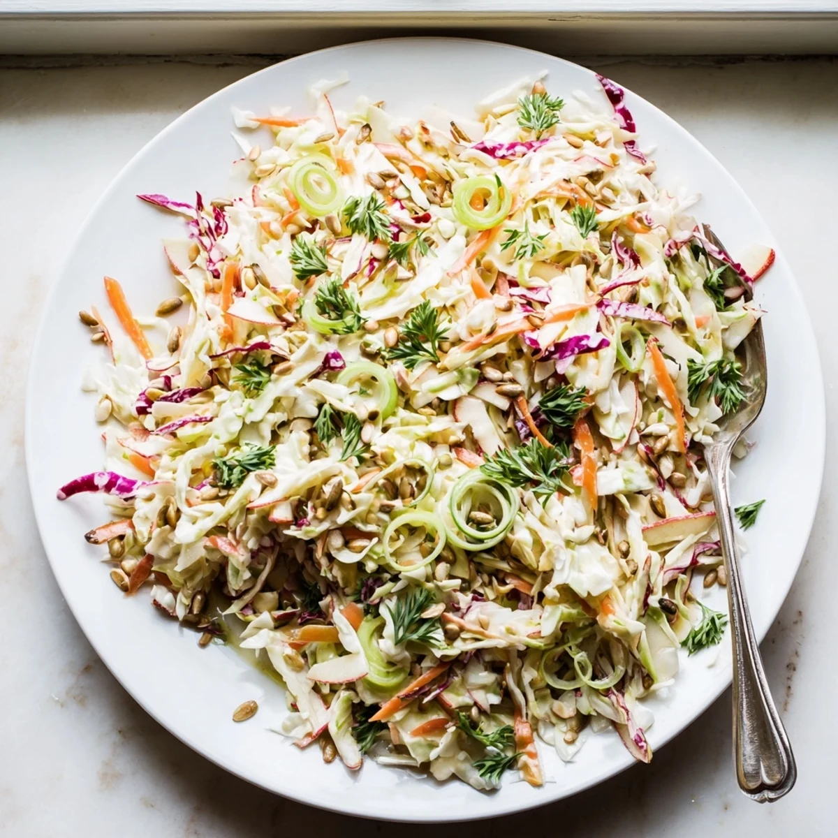 Colorful bowl of apple coleslaw topped with green onions and creamy honey mustard dressing