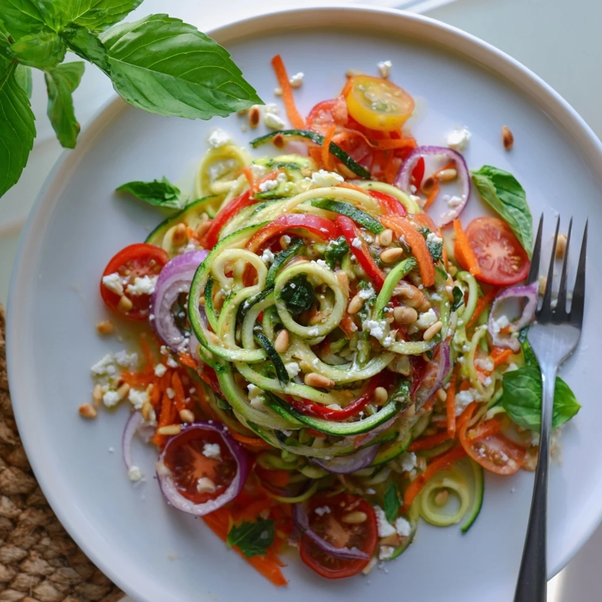 Colorful zucchini noodle salad bowl featuring spiralized zucchini, cherry tomatoes, and crisp vegetables tossed in citrus dressing.