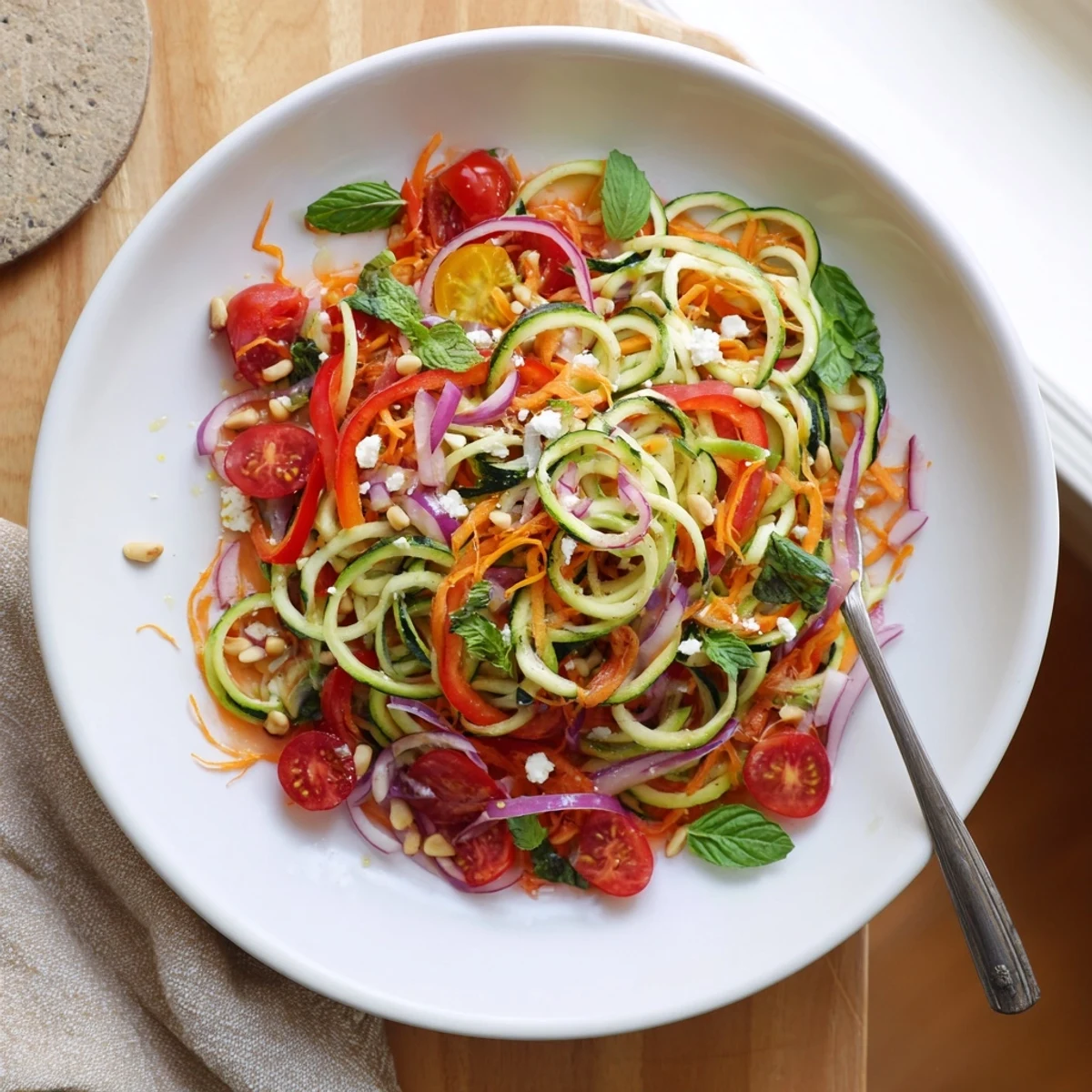 Refreshing spiralized zucchini noodle salad delight with fresh herbs, bell peppers, and tangy citrus lime dressing on white plate.