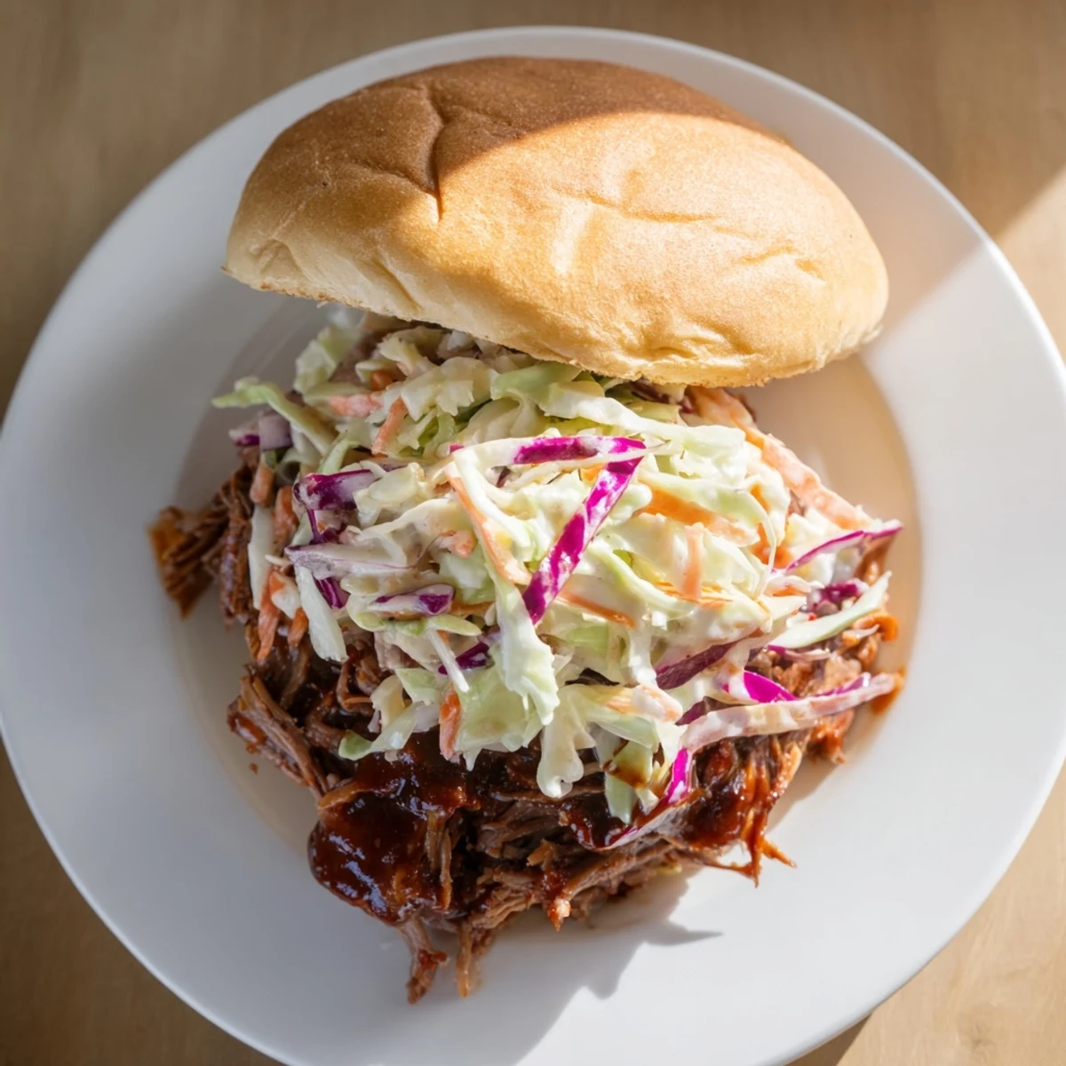 Homemade smoky BBQ beef sandwiches topped with crunchy tangy coleslaw and extra drizzled sauce