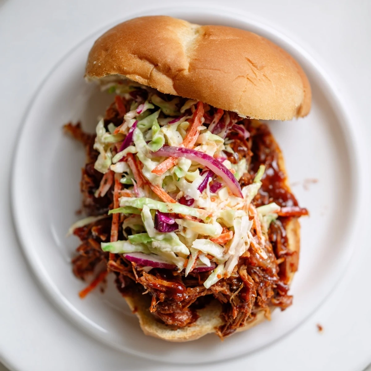 Golden sandwich buns loaded with slow-cooked smoky BBQ beef and fresh crunchy cabbage coleslaw