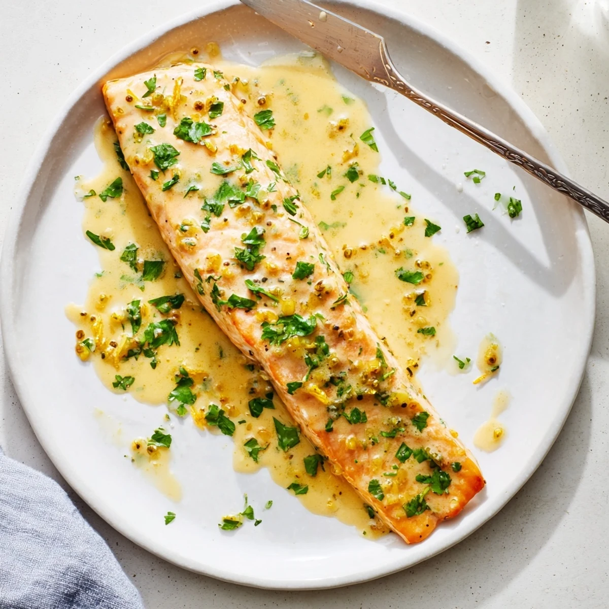 Golden pan-seared salmon fillets drizzled with creamy lemon garlic sauce on a white plate