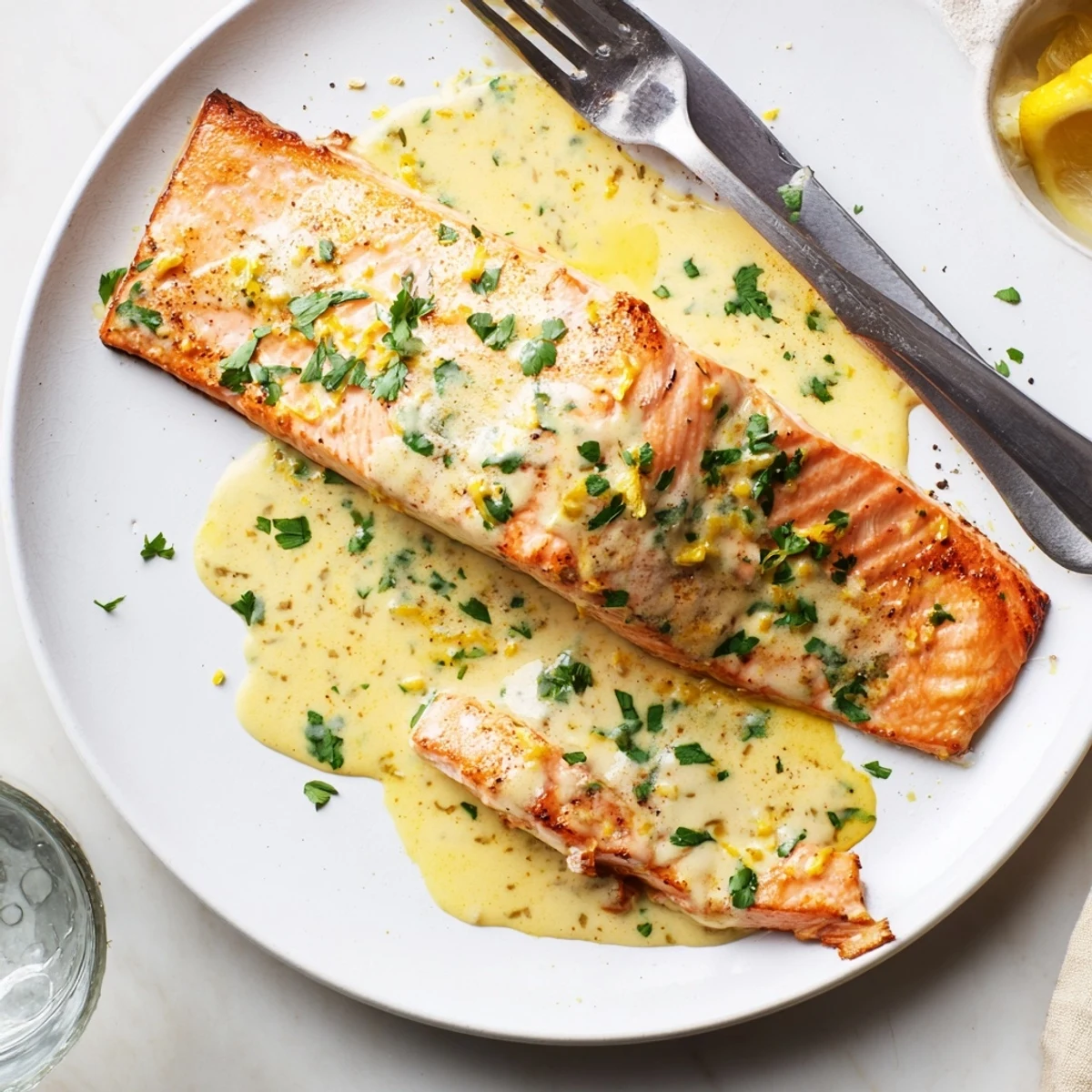 Succulent salmon with lemon cream sauce served over fresh parsley garnish on a dinner table
