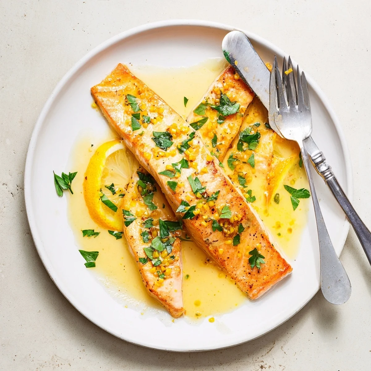 Crispy salmon fillets topped with vibrant zesty lemon cream sauce and garnished with fresh herbs