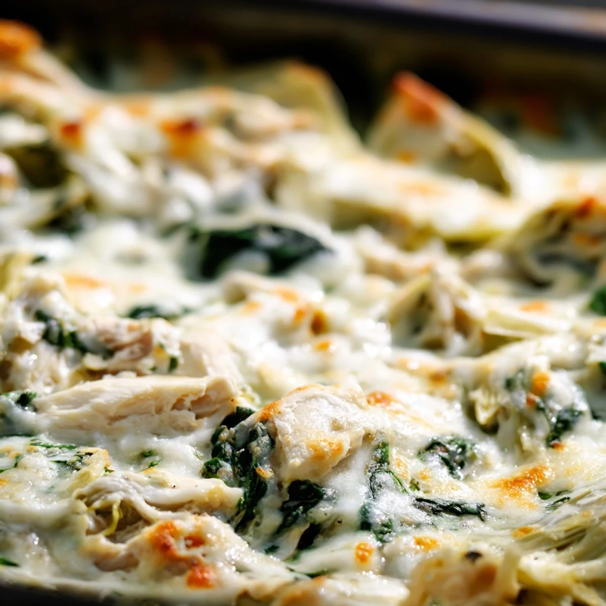 Golden brown spinach artichoke chicken casserole with melted mozzarella bubbling on top