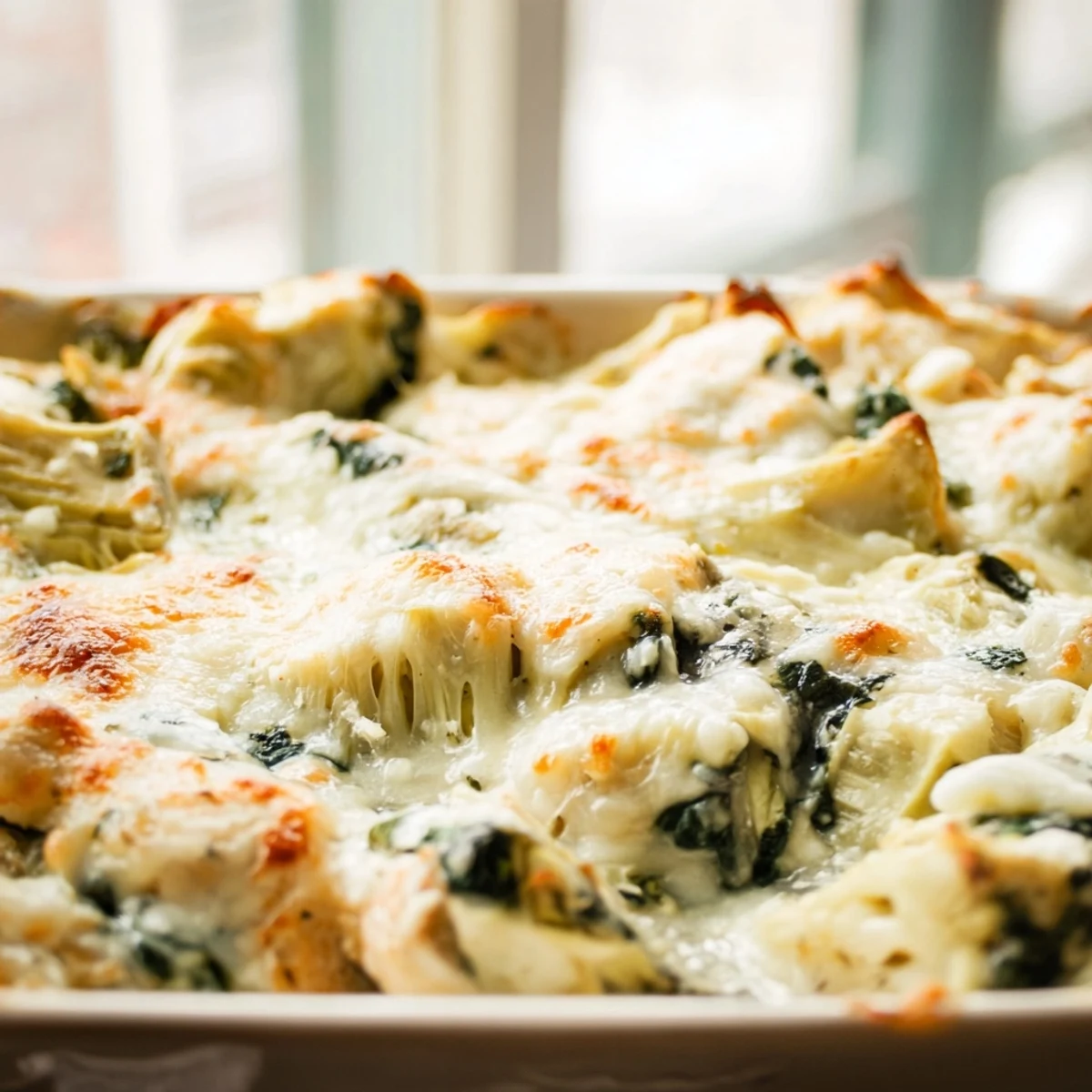 Creamy chicken casserole featuring tender spinach and artichokes baked until cheese is golden
