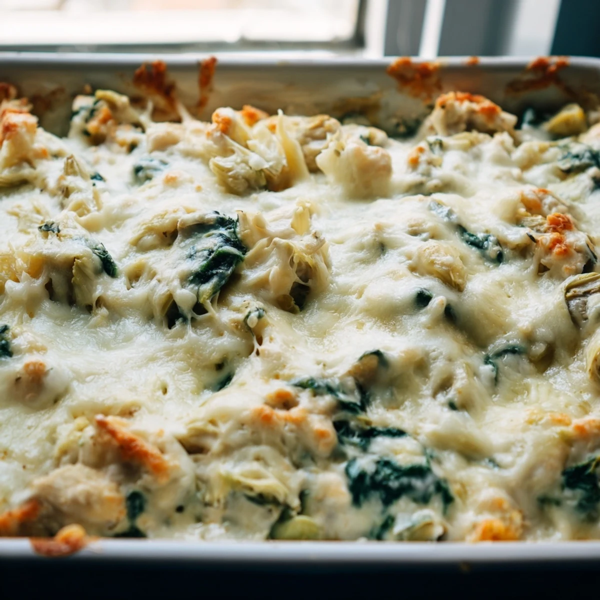 Family style spinach artichoke chicken casserole served hot with gooey melted cheese topping