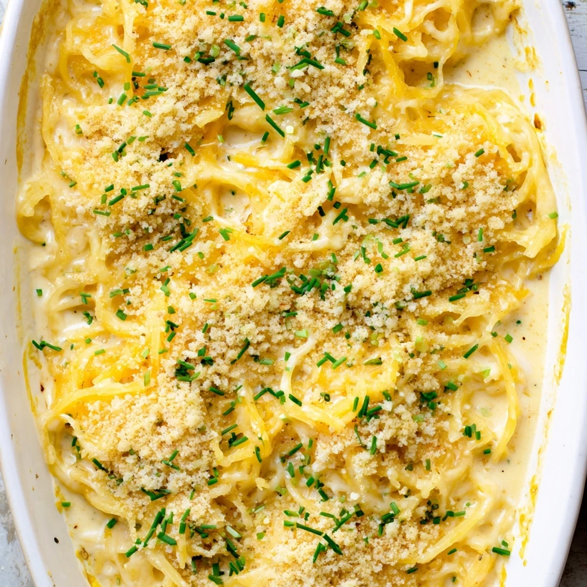 Golden bubbly spaghetti squash mac and cheese topped with crispy breadcrumbs and fresh chives in a white baking dish