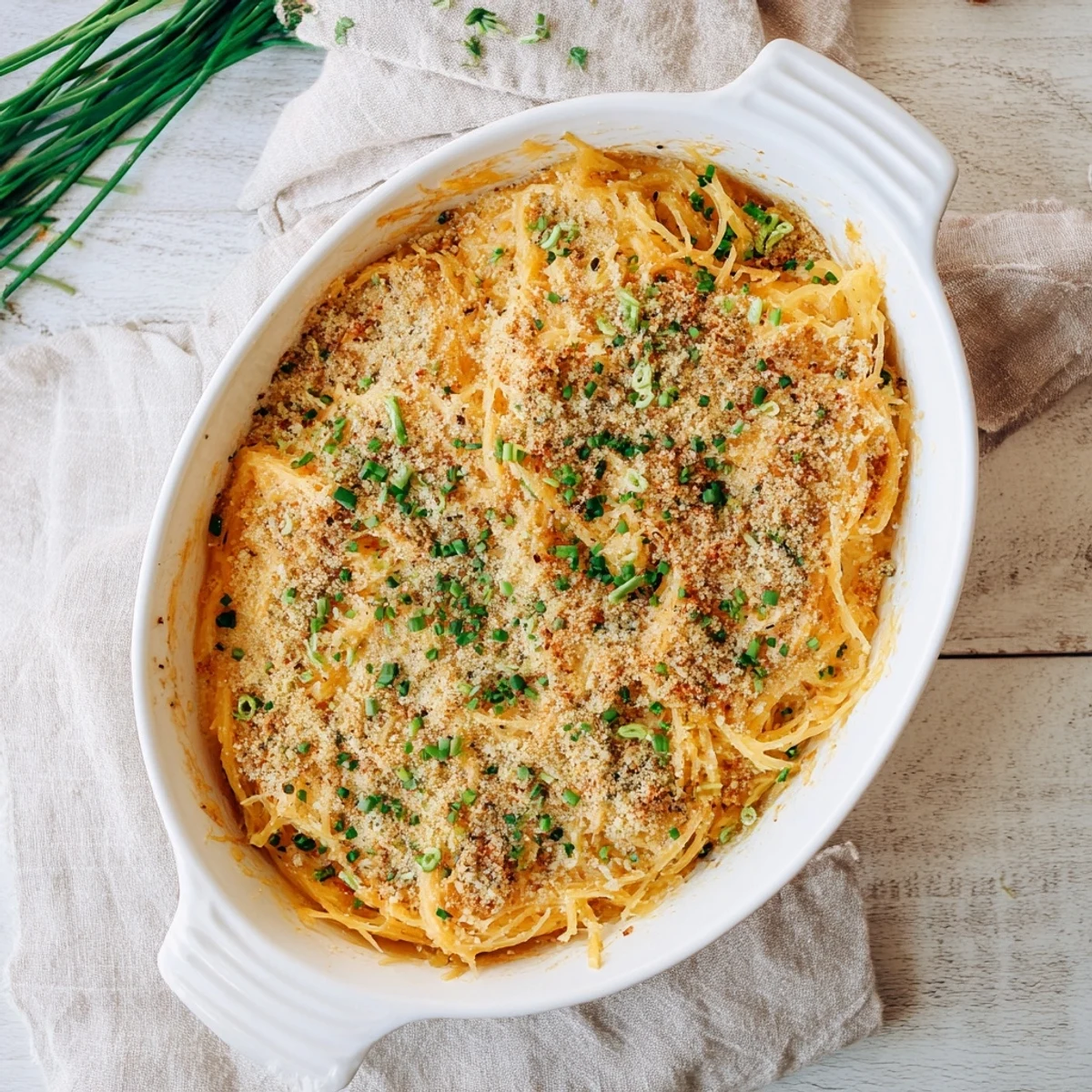 Creamy cheesy roasted spaghetti squash strands tossed in rich cheddar Gruyère sauce on a rustic wooden table