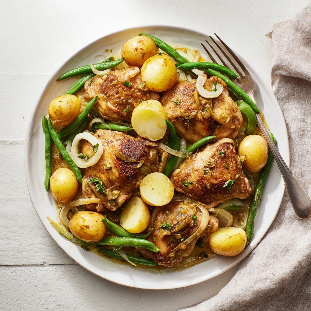 Golden slow cooker chicken and potatoes with green beans ready for a comforting family dinner