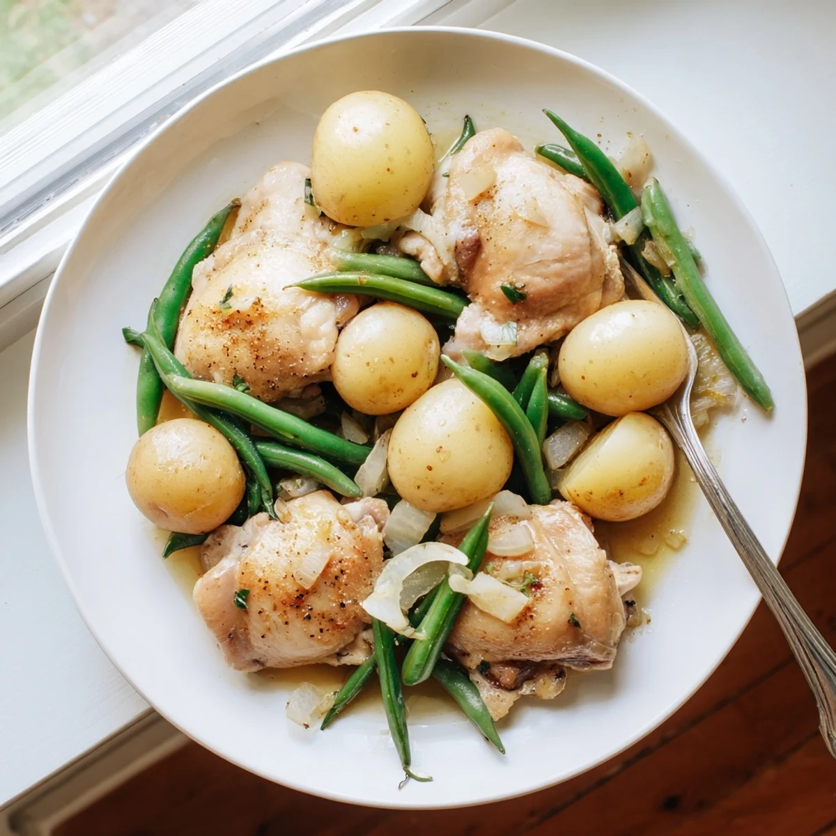 Tender chicken thighs nestled with creamy baby potatoes and crisp green beans in a rich savory broth