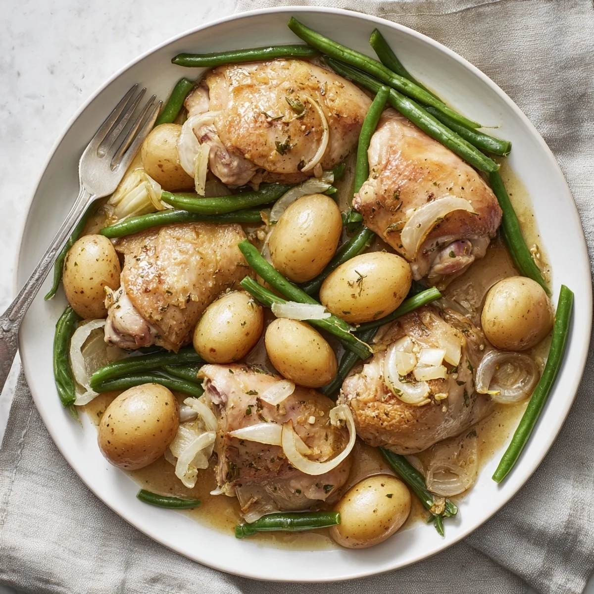 Hearty slow cooker chicken and potatoes meal featuring fresh green beans and aromatic herbs on a white plate