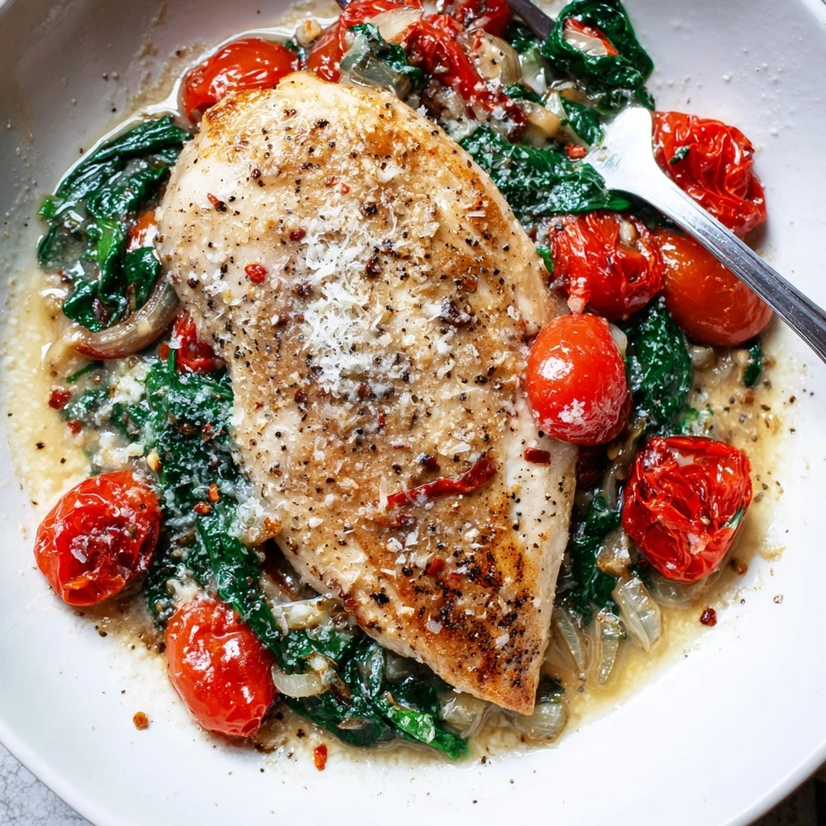 Skillet of Tomato Spinach White Wine Chicken with sizzling tomatoes and wilted spinach