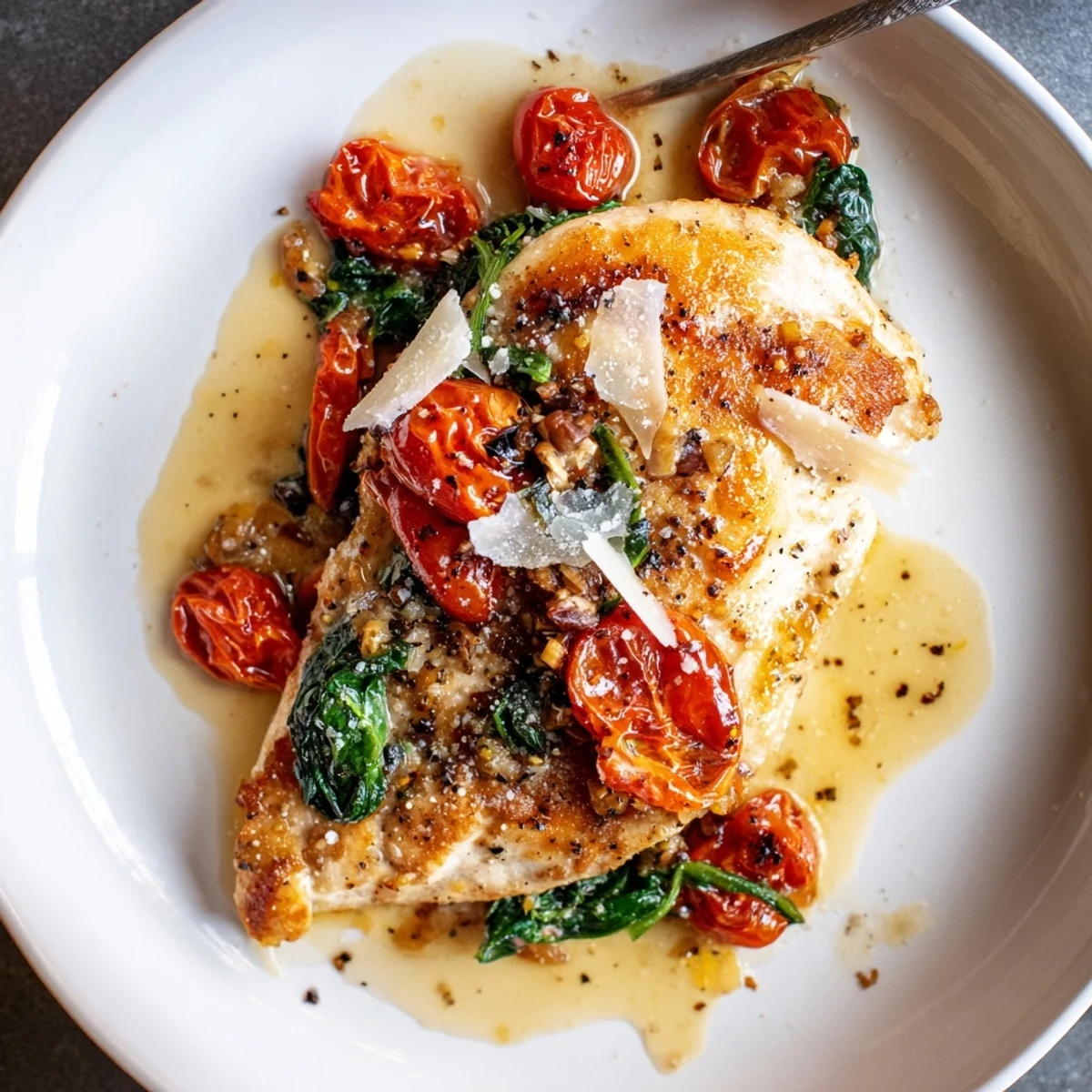 Plated Tomato Spinach White Wine Chicken topped with Parmesan, served alongside crusty bread