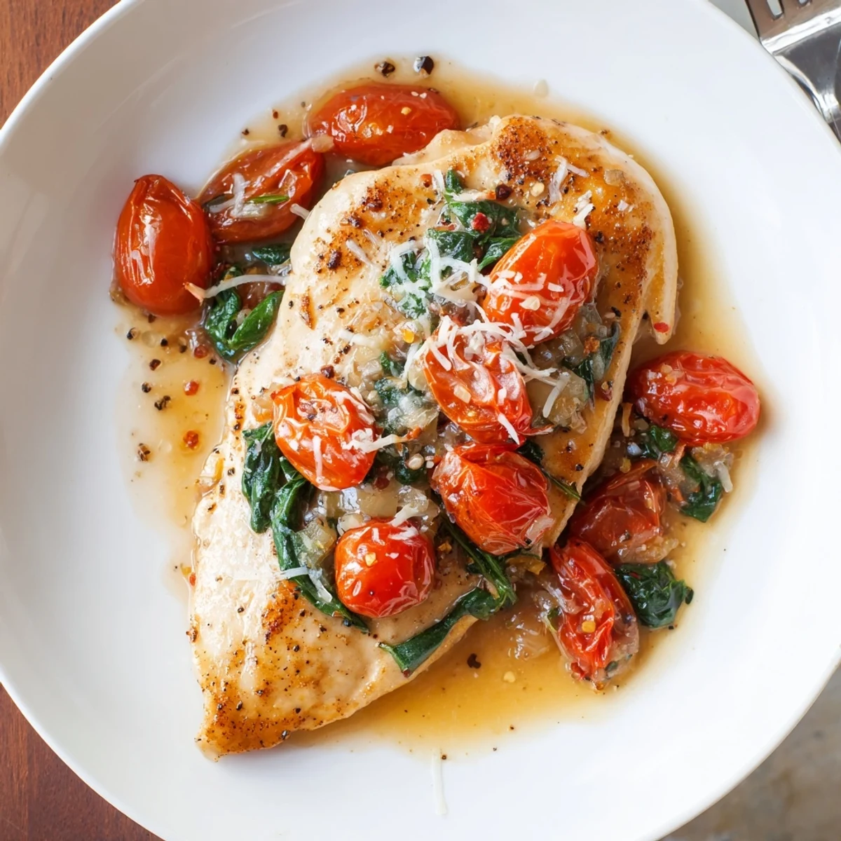 Golden seared Tomato Spinach White Wine Chicken in fragrant garlic and herb sauce