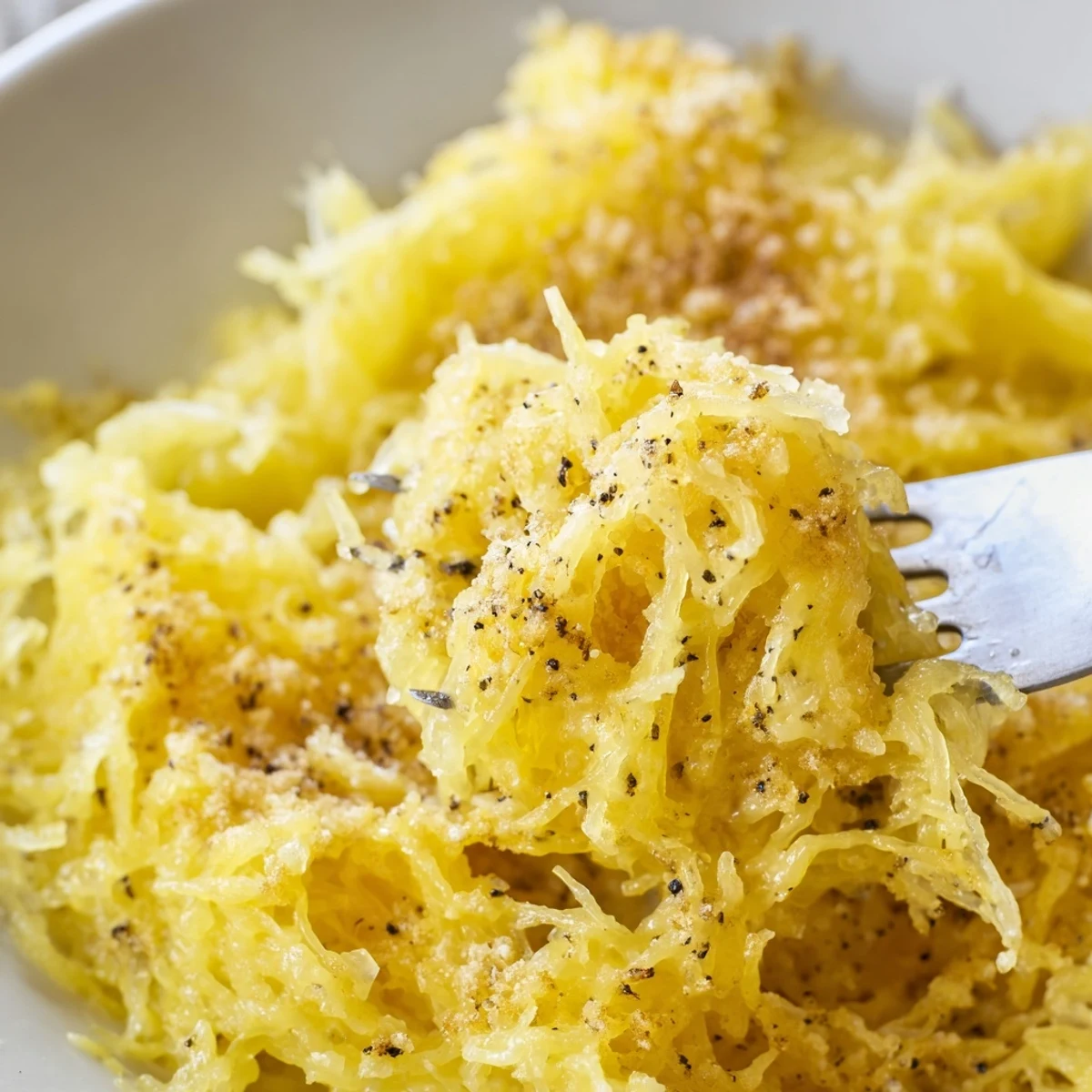 Warm Spaghetti Squash Mac Cheese served bubbling in a rustic baking dish