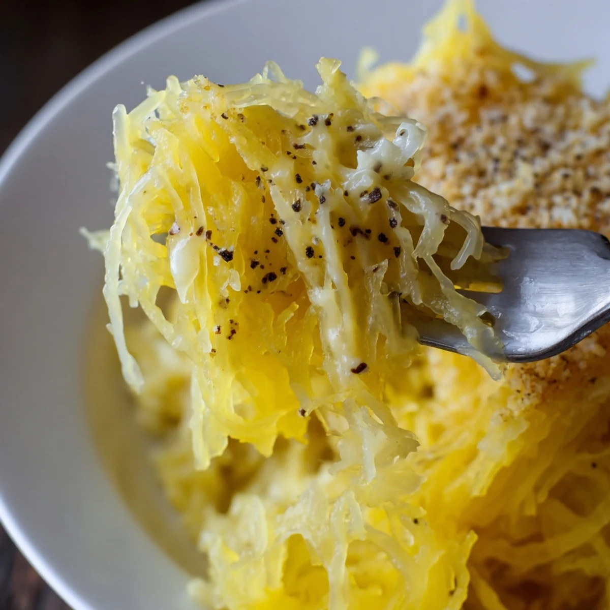 Roasted Spaghetti Squash Mac Cheese strands tossed in silky cheese sauce, topped with herbs