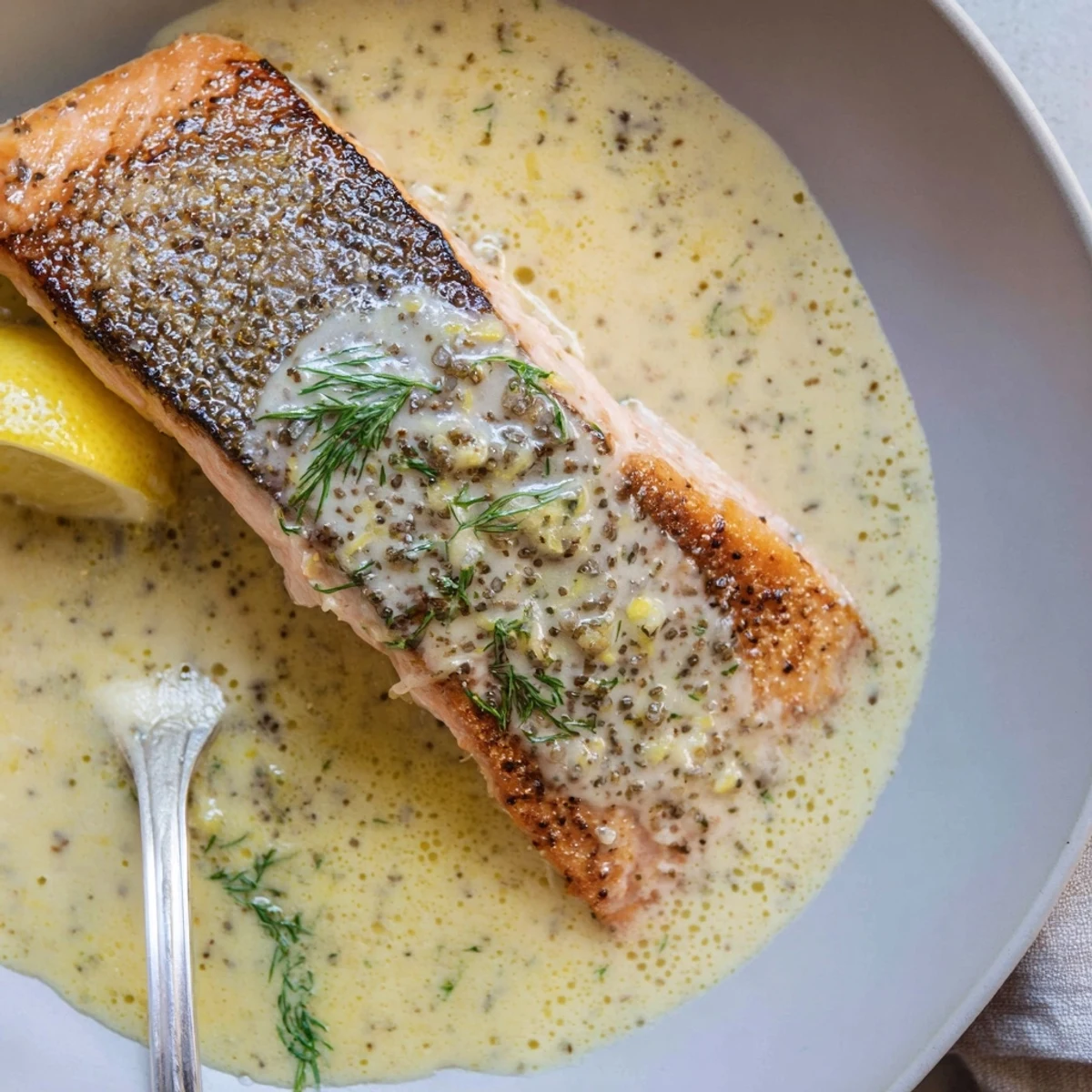 Pan-seared Salmon With Lemon Cream Sauce, glossy sauce spooned over fillets