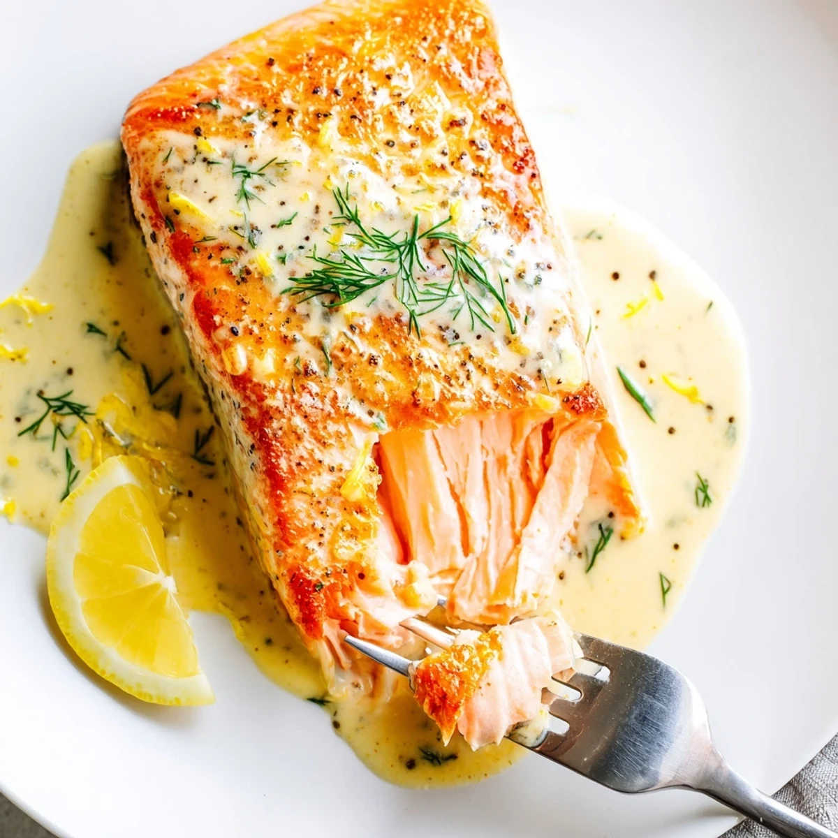 Tender Salmon With Lemon Cream Sauce resting on bed of steamed vegetables