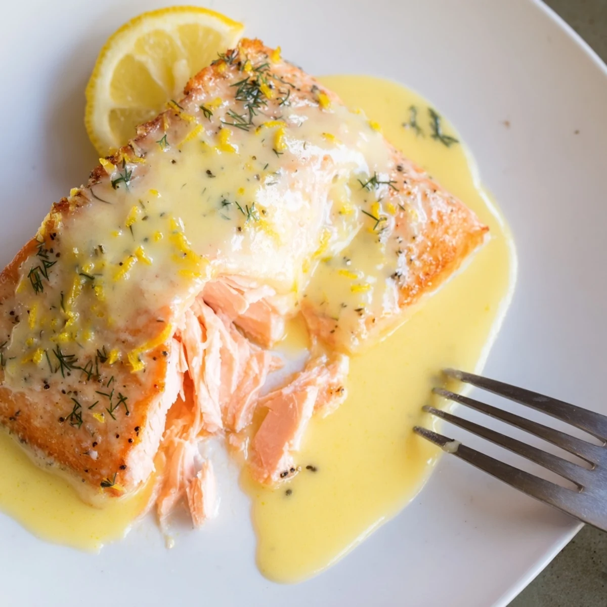 Browned salmon fillets draped in Salmon With Lemon Cream Sauce, dill garnish