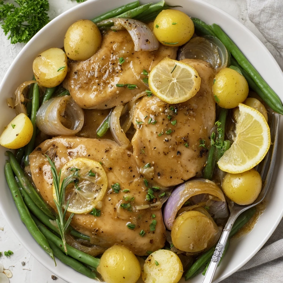Slow Cooker Chicken And Potatoes With Green Beans steaming in savory herb broth