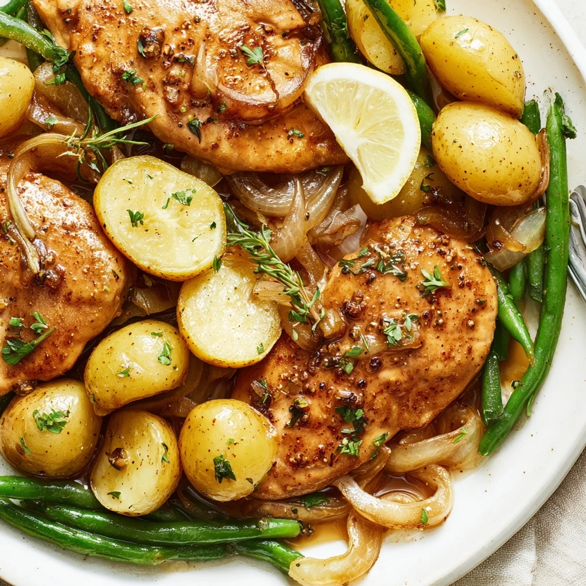 Tender, herb-scented Slow Cooker Chicken And Potatoes With Green Beans finished with parsley