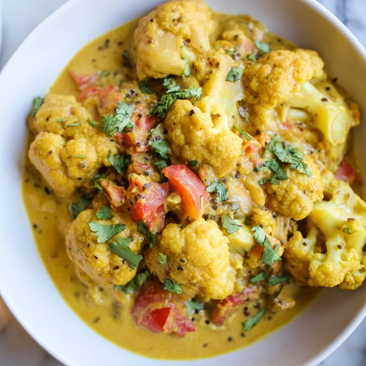 Creamy Greek Yogurt Cauliflower Curry in a golden spiced sauce with fresh cilantro garnish