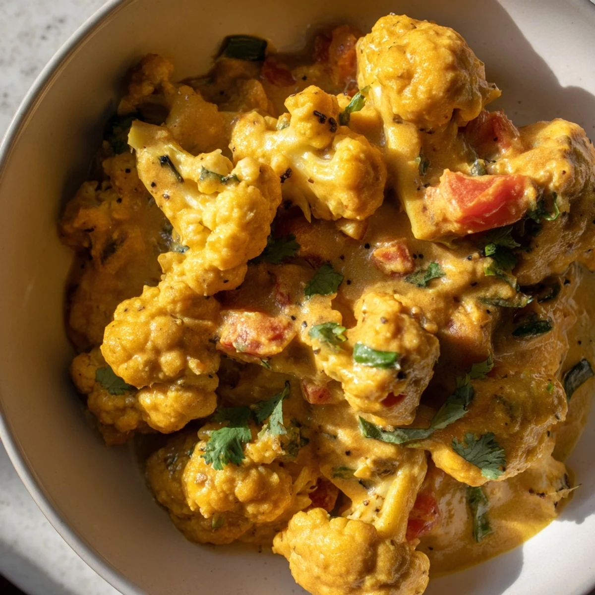 Tender cauliflower florets coated in a rich Greek Yogurt Cauliflower Curry served over basmati rice