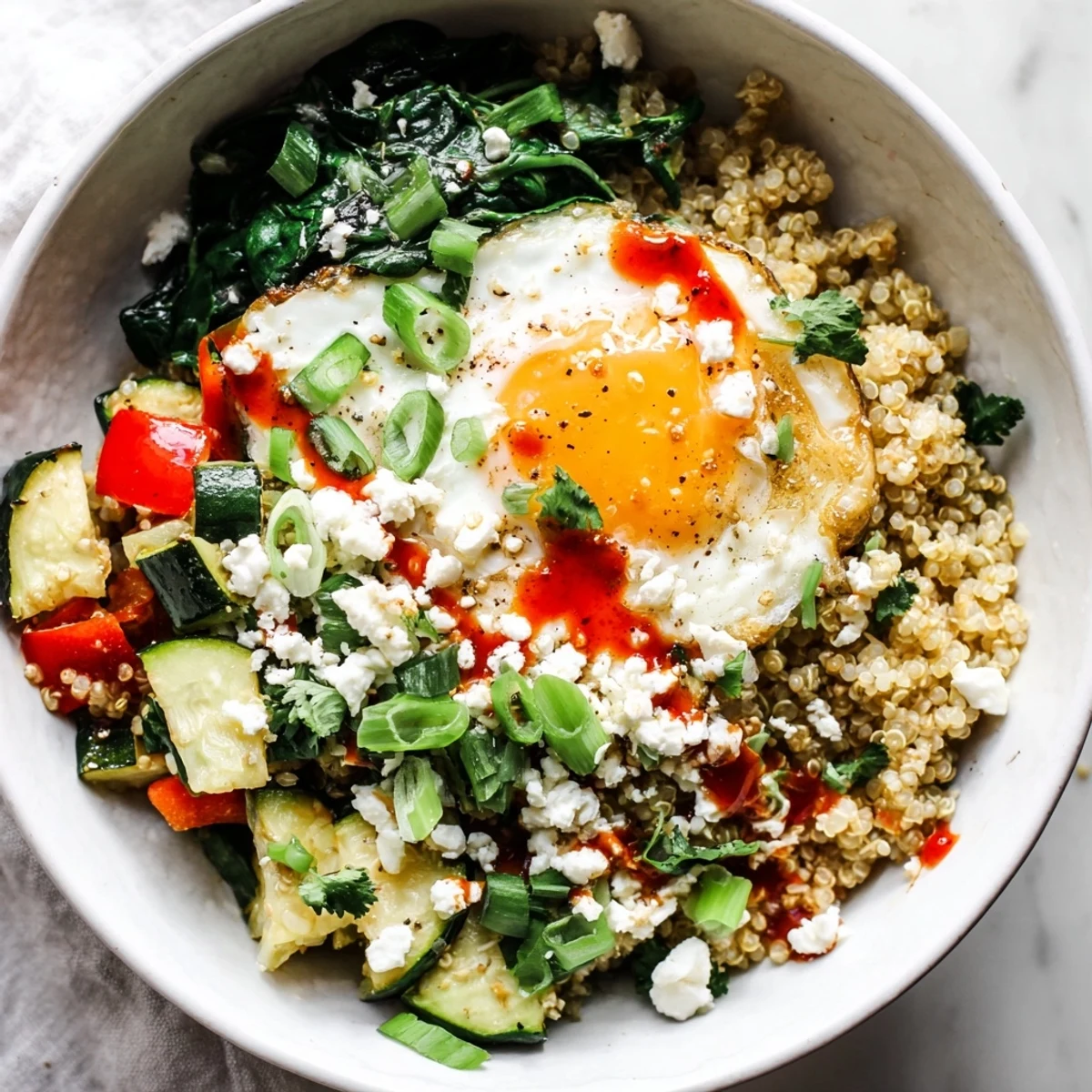 Warm savory quinoa breakfast bowl loaded with colorful bell peppers, wilted spinach, and crumbled feta