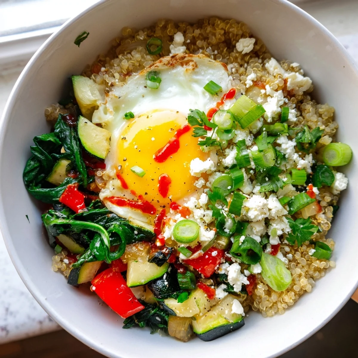 Fluffy savory quinoa breakfast bowl topped with sautéed vegetables and a golden fried egg