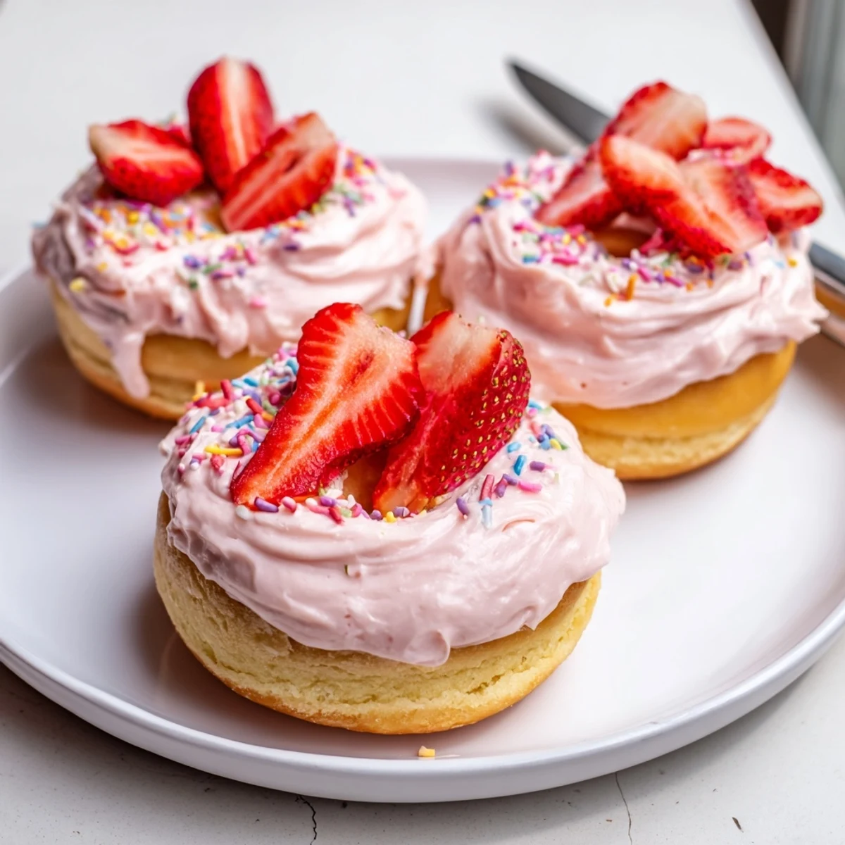 Golden baked strawberry buttercream frosted donuts crowned with fresh berry slices on a pastel plate