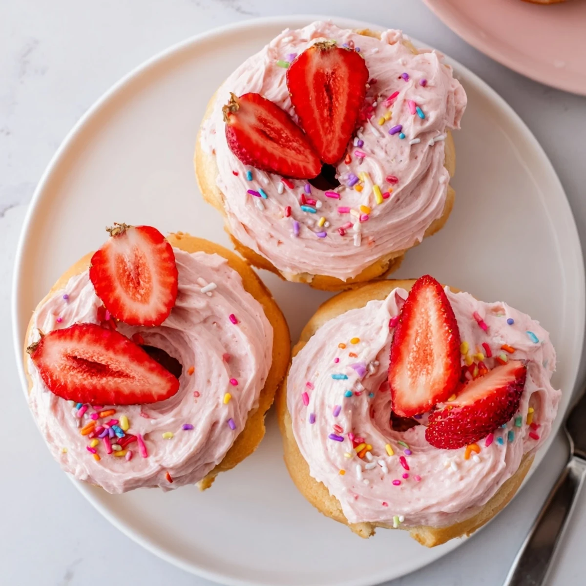 Pillowy strawberry buttercream frosted donuts piped high with rosy frosting and garnished with strawberry halves