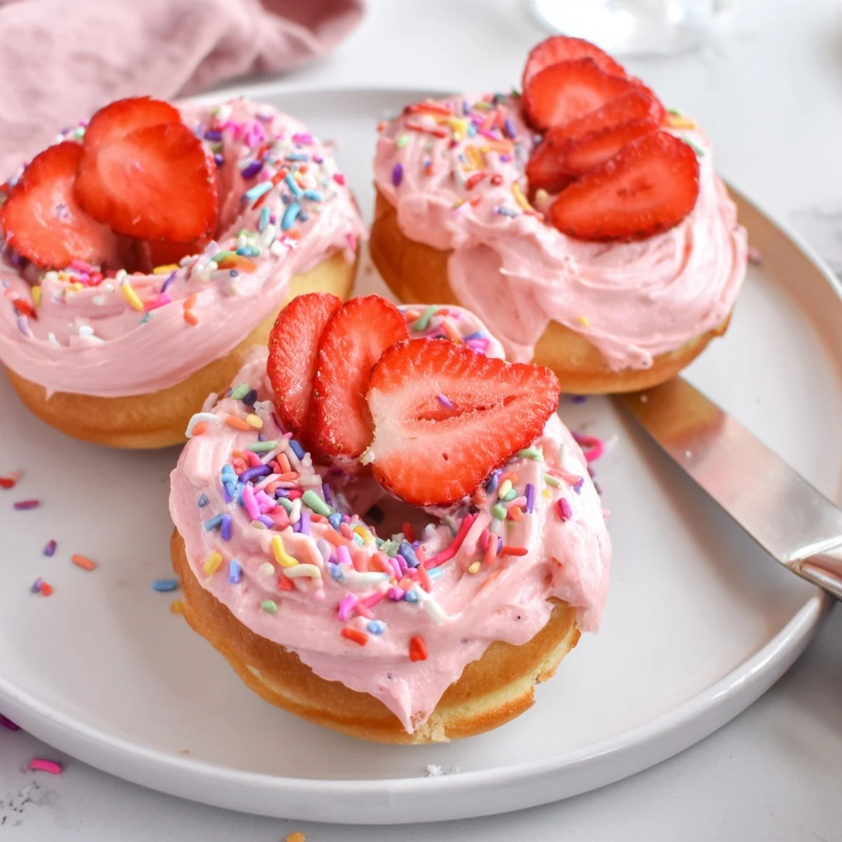 Fluffy strawberry buttercream frosted donuts with swoopy pink icing and colorful sprinkles displayed on parchment