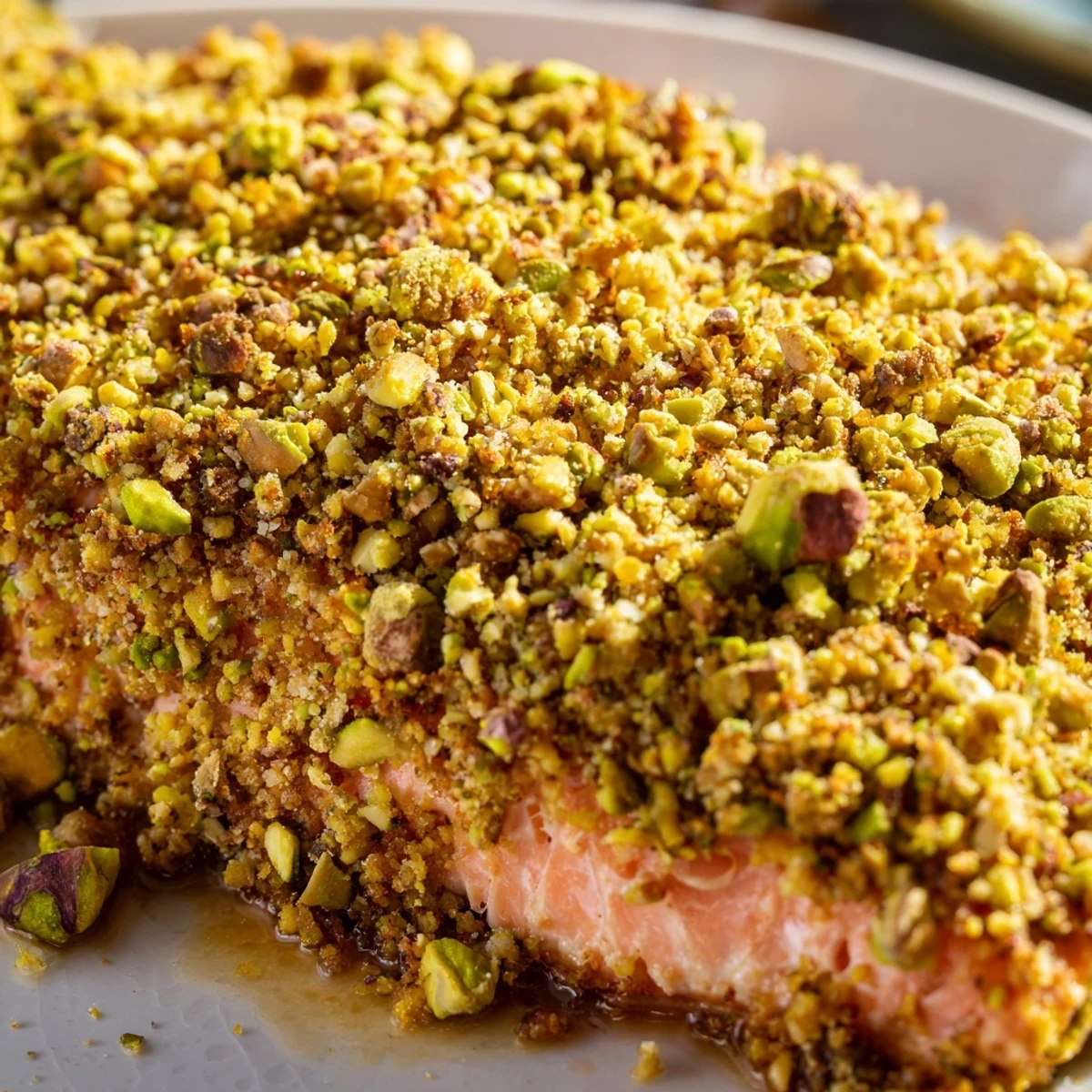 Golden maple pistachio salmon fillet with a crunchy nut crust on a baking sheet
