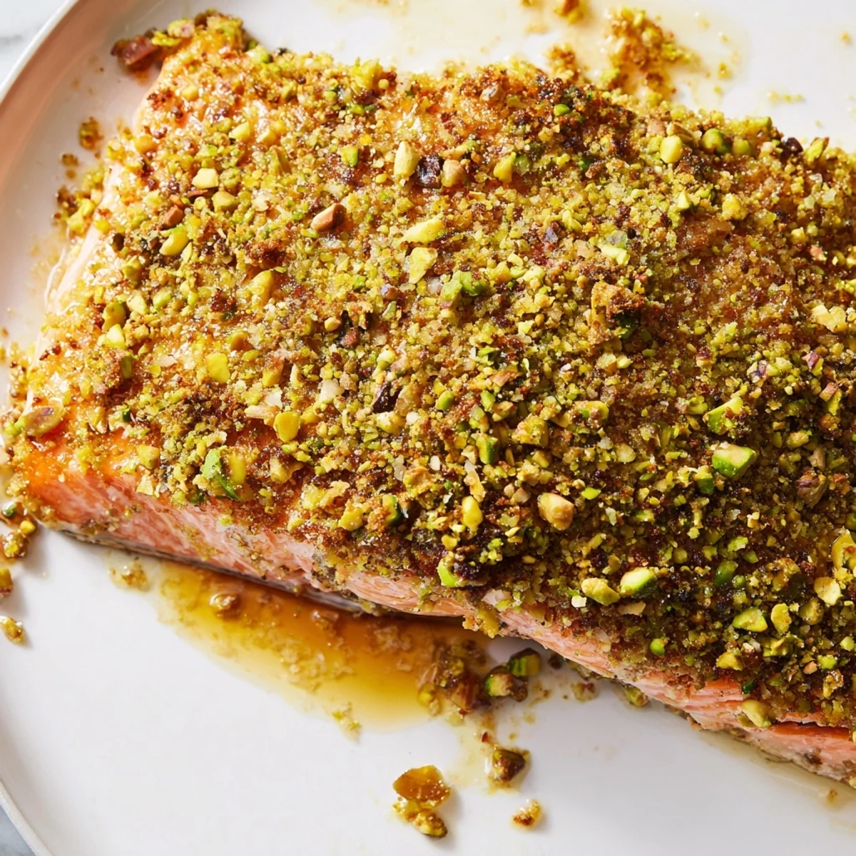 Caramelized maple pistachio salmon plated with roasted vegetables and a fresh lemon wedge