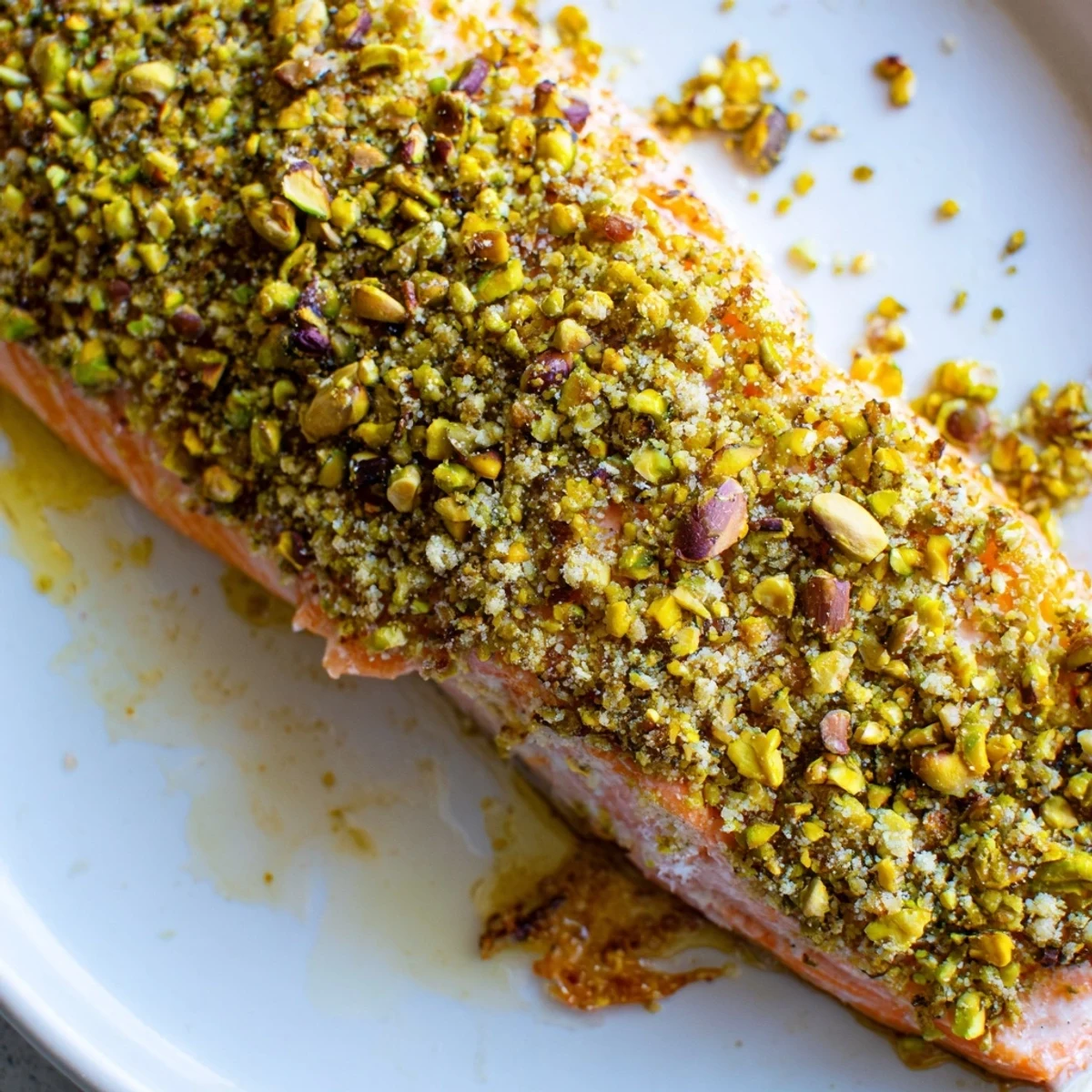 Close-up of maple pistachio salmon showing glistening glaze and golden chopped pistachio topping