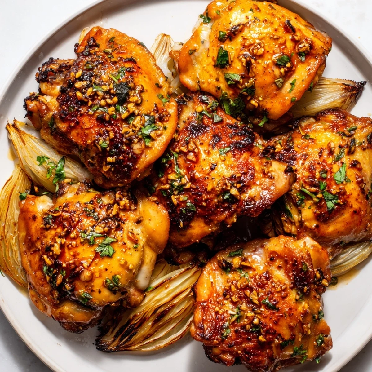 Golden ginger garlic chicken thighs baked until crispy on a bed of caramelized onions