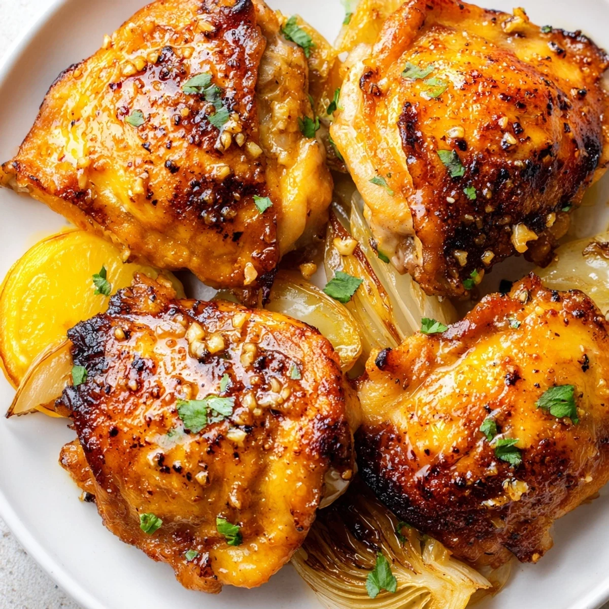 Juicy ginger garlic chicken thigh bake with glossy golden skin and fragrant fresh herbs