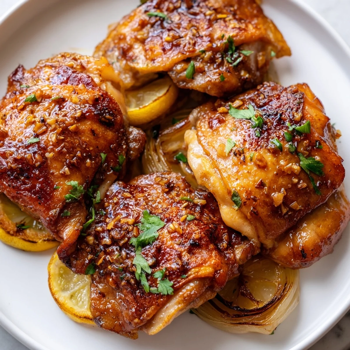 Crispy-skinned ginger garlic chicken thighs resting in a rich aromatic pan sauce with lemon slices