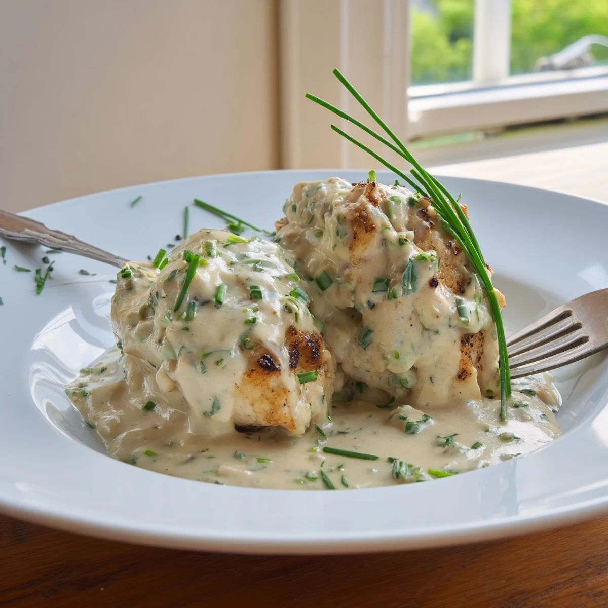 Creamy Boursin sauce with garlic and fine herbs drapes over golden seared chicken breasts