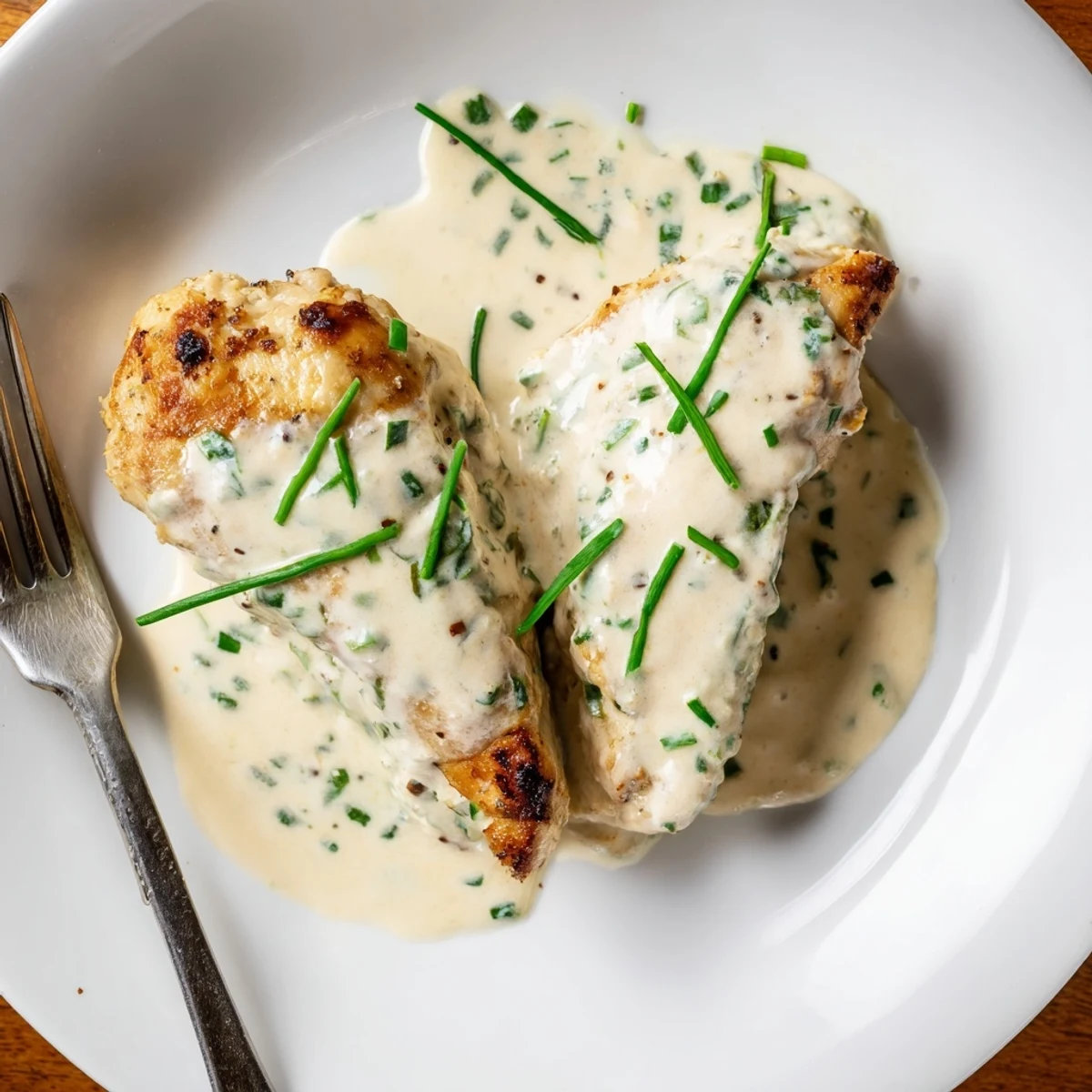 Pan-seared chicken with Boursin cheese sauce glistening alongside fresh parsley and chopped chives
