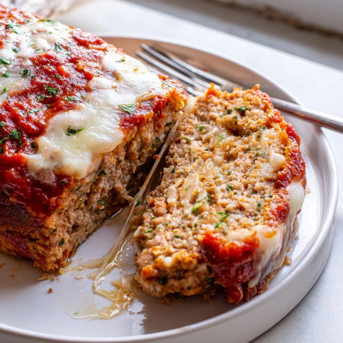 Golden Parmesan chicken meatloaf sliced thick with bubbling marinara sauce on top
