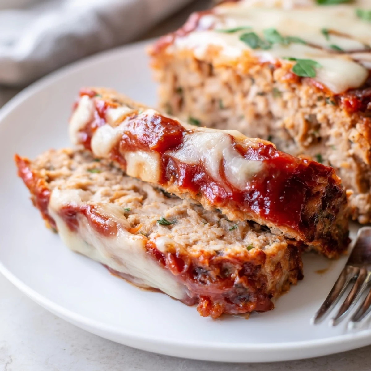 Juicy Parmesan chicken meatloaf garnished with fresh parsley beside roasted potatoes