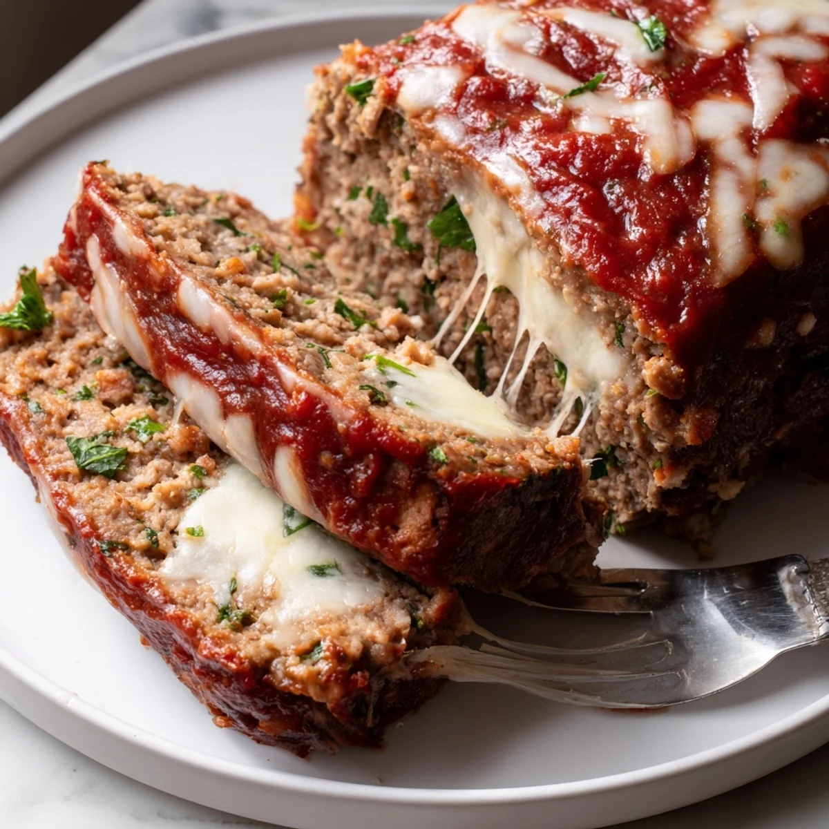 Tender Parmesan chicken meatloaf with melted mozzarella pulling apart on a ceramic plate