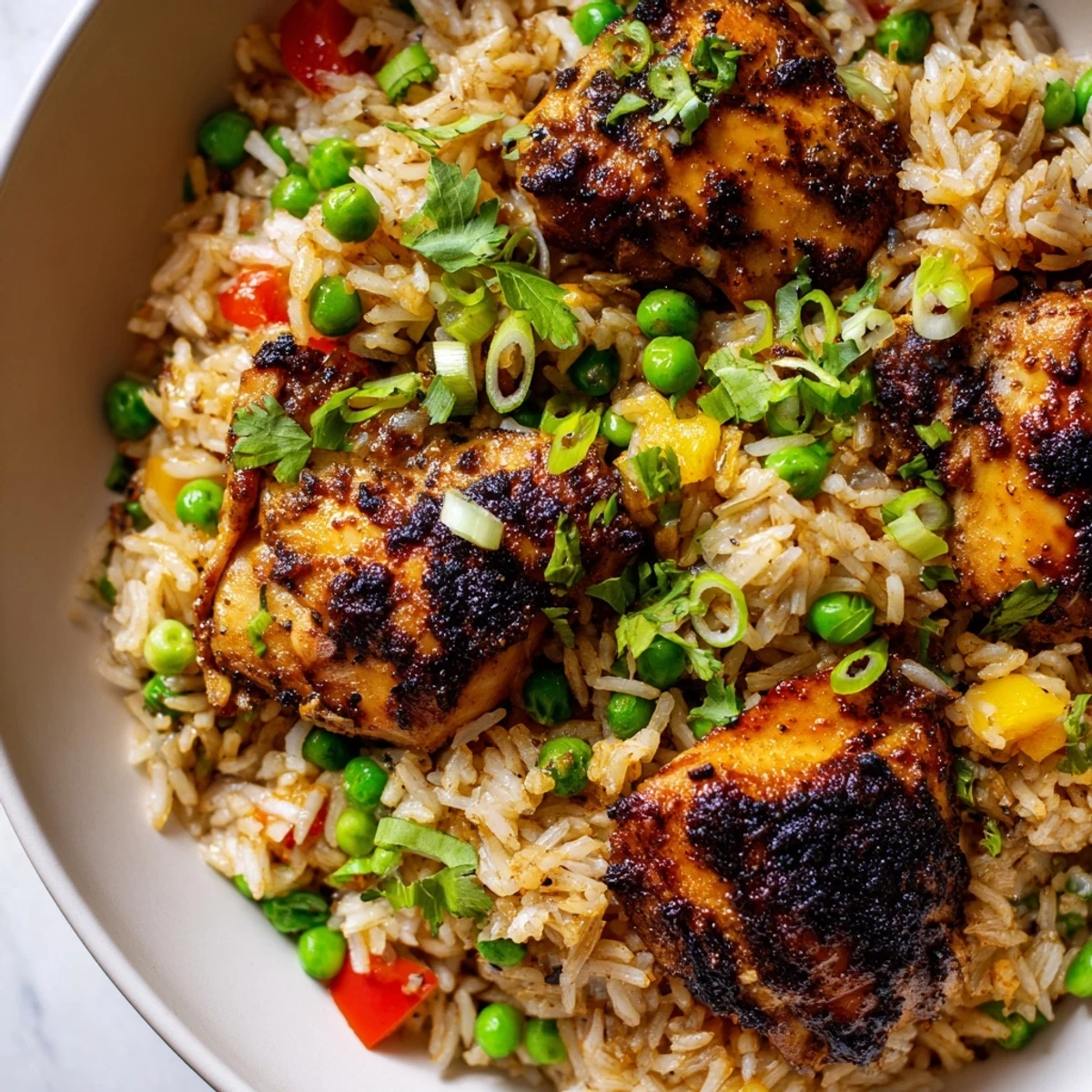 Golden jerk chicken thighs nestled in fragrant coconut rice with fresh cilantro garnish