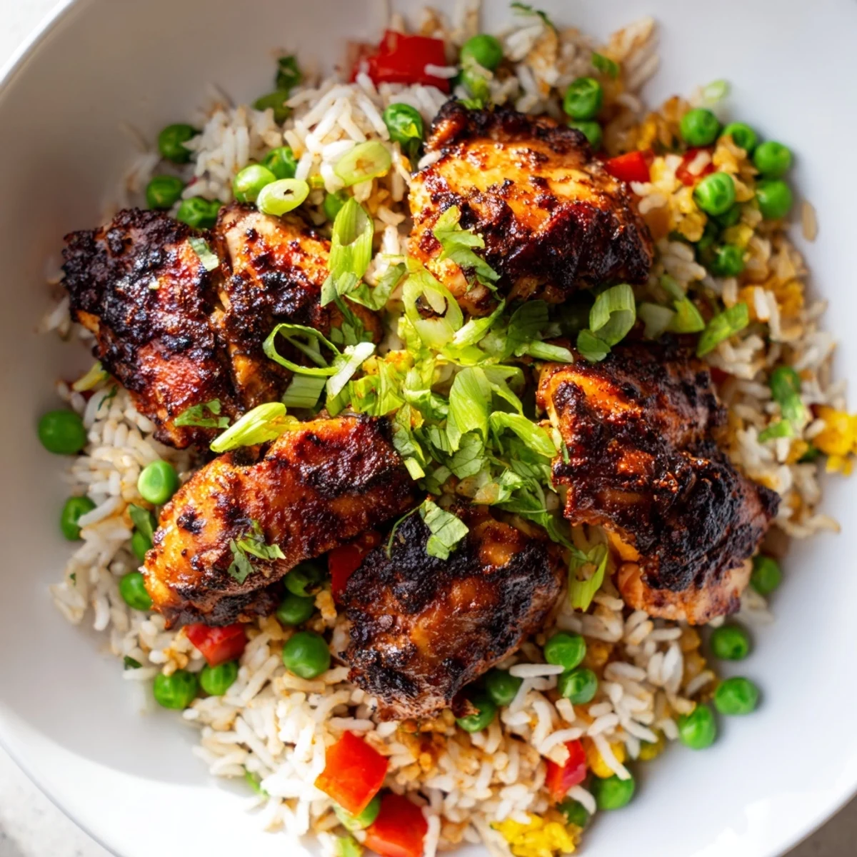 A close-up of spicy jerk chicken rice topped with spring onions and lime
