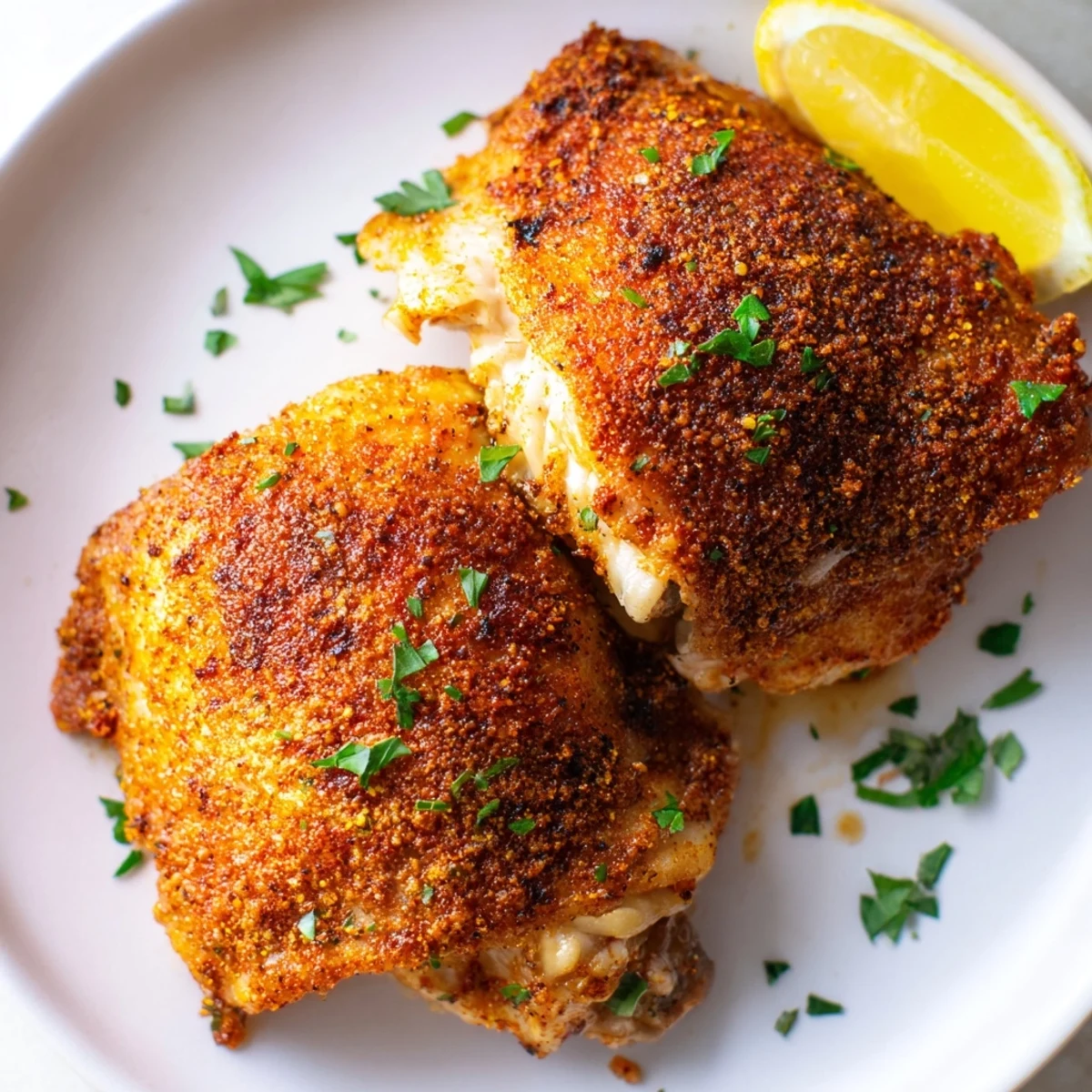 Crispy golden oven baked chicken thighs with smoky paprika on a parchment-lined baking sheet